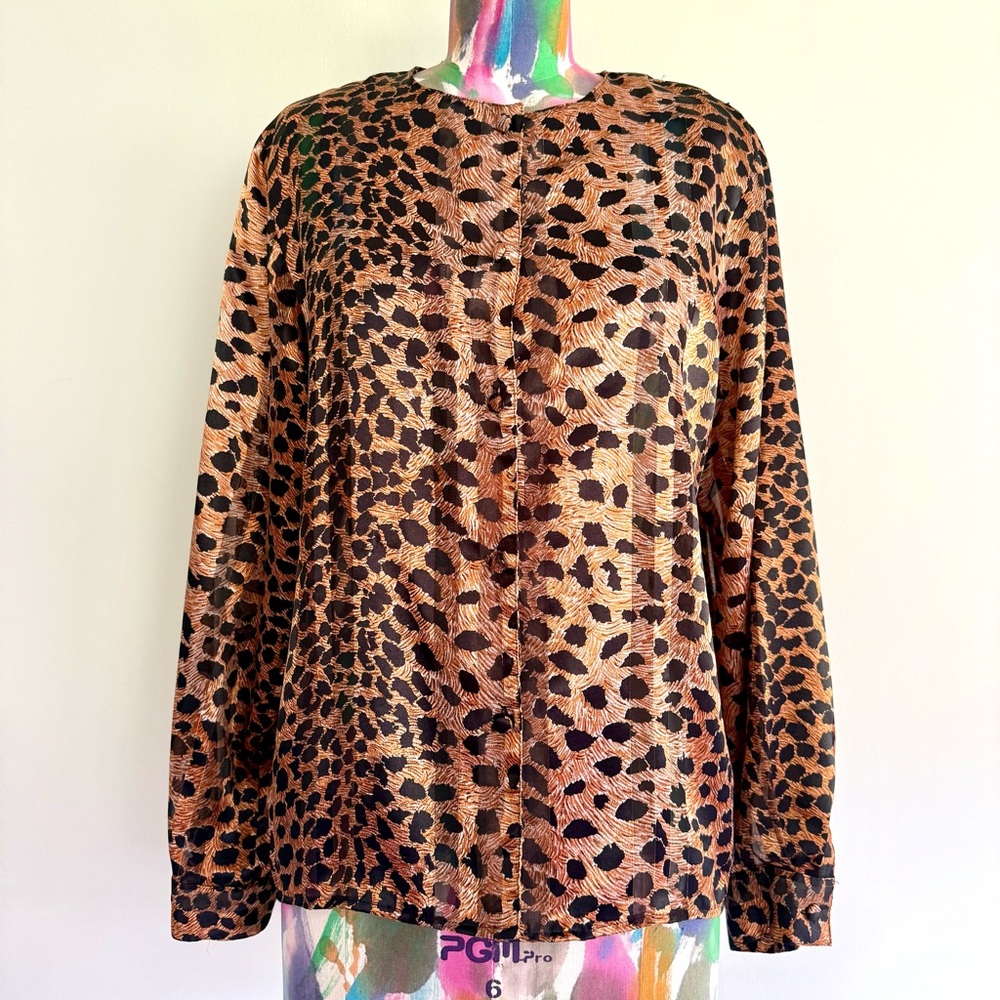 🐆VINTAGE Leopard Print Sheer Long Sleeve Button Front Blouse Top